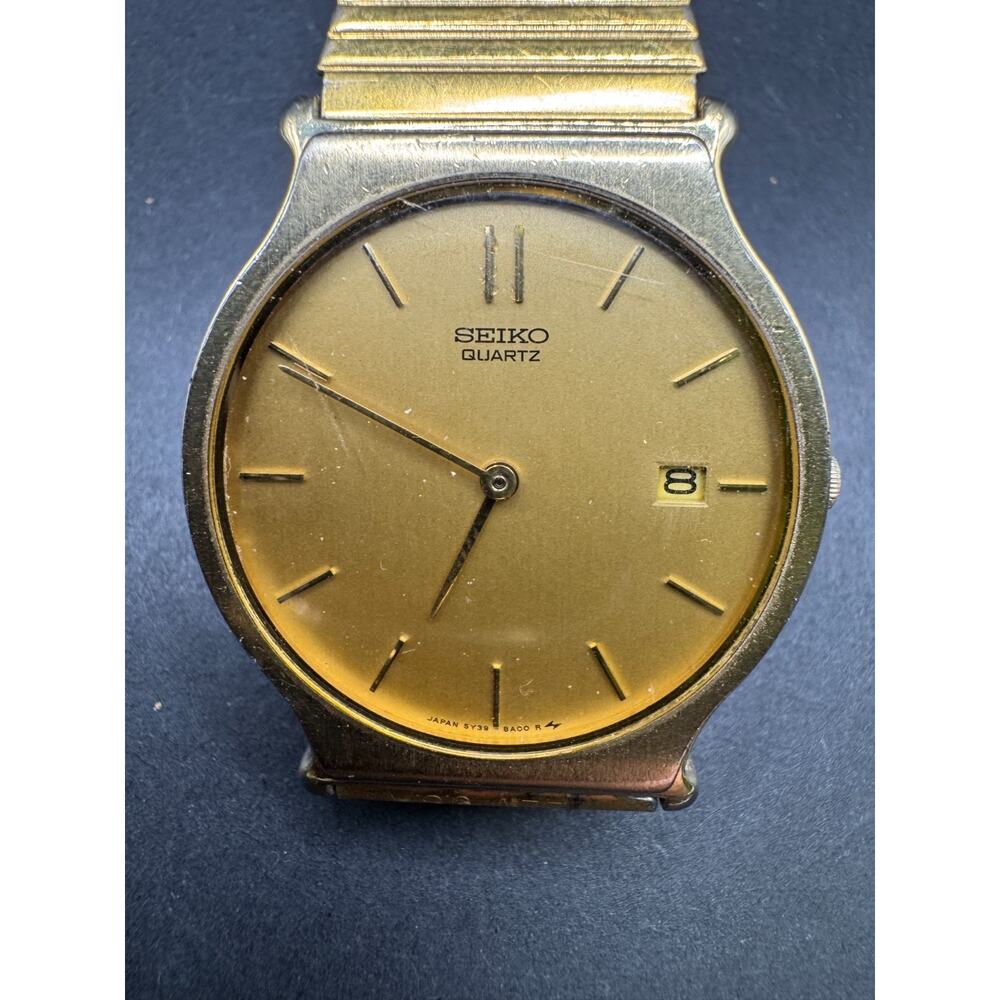 Vintage Seiko Watch Men 31mm Gold Dial Gold Tone Date Round 5Y39-8A09